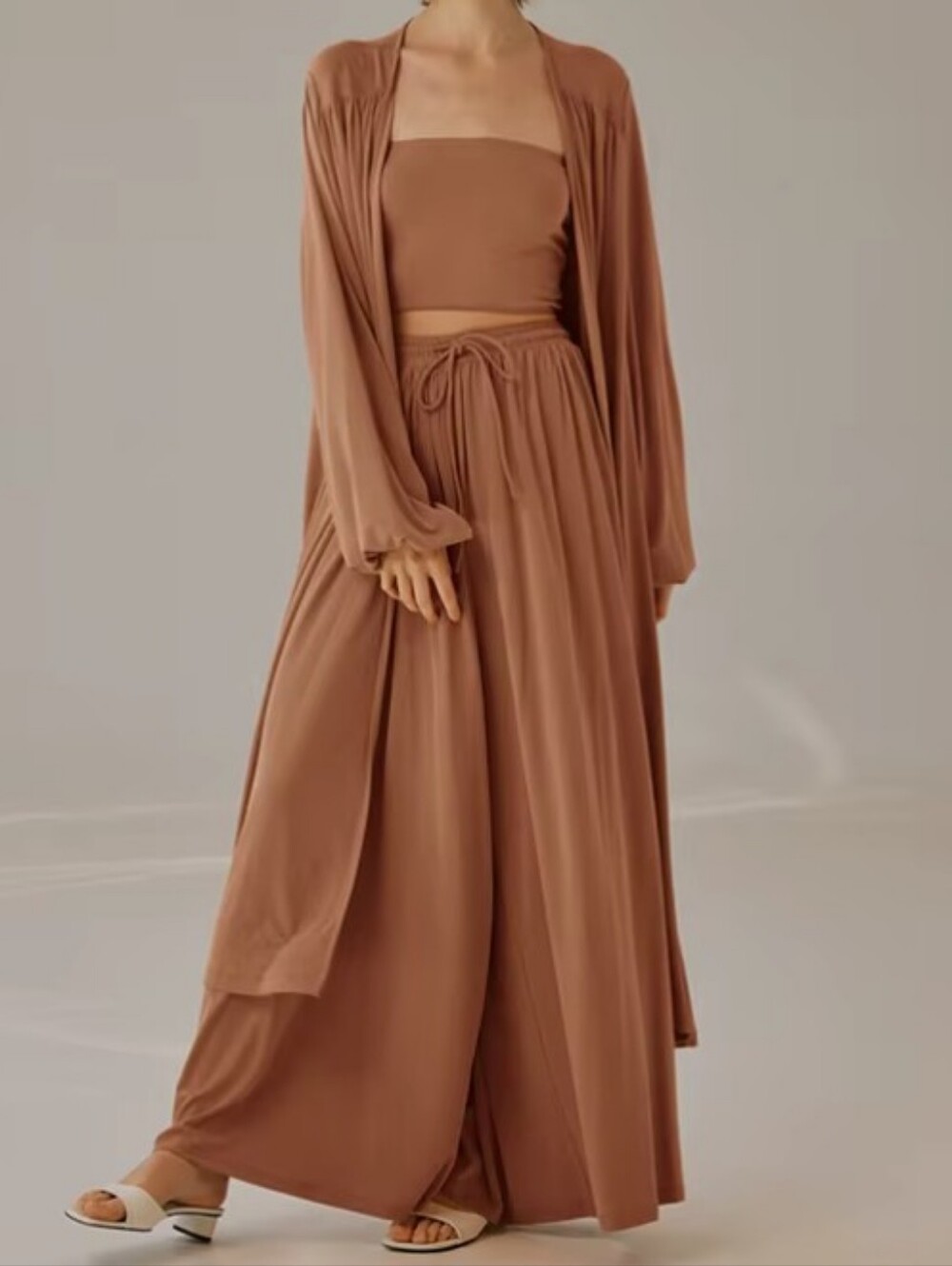 Nap Loungewear Terracotta 3 Piece Lounge Set Wide Leg Pants Robe Tube Top L